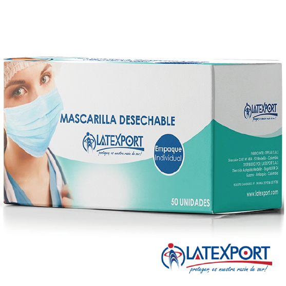 MASCARILLA 3 CAPAS DESECHABLE AZUL EN EMPAQUE INDIVIDUAL LATEXPORT